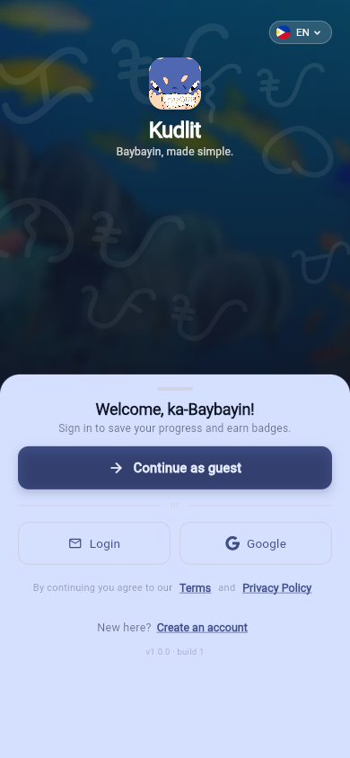 Kudlit welcome and login screen