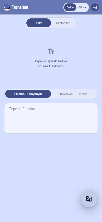 Kudlit translate screen showing Filipino to Baybayin input