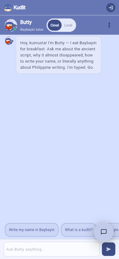Kudlit Butty companion chat screen